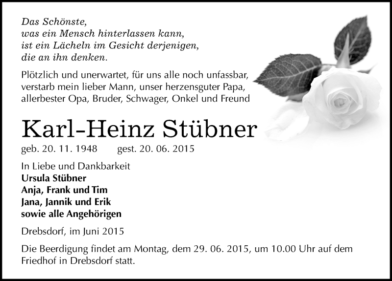  Traueranzeige für Karl-Heinz Stübner vom 25.06.2015 aus Mitteldeutsche Zeitung Sangerhausen