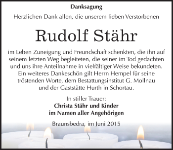 Traueranzeige von Rudolf Stähr von Mitteldeutsche Zeitung Merseburg/Querfurt
