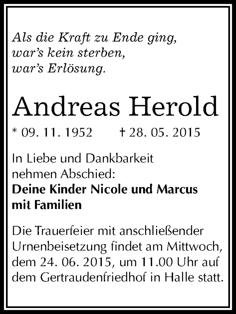 Traueranzeigen von Andreas Herold www.abschiednehmen.de
