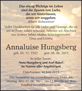 Traueranzeige von Annaluise Hungsberg von WVG - Wochenspiegel Merseburg