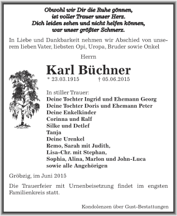 Traueranzeige von Karl Büchner von WVG - Wochenspiegel Dessau / Köthen