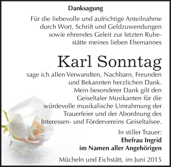 Traueranzeige von Karl Sonntag von Mitteldeutsche Zeitung Merseburg/Querfurt