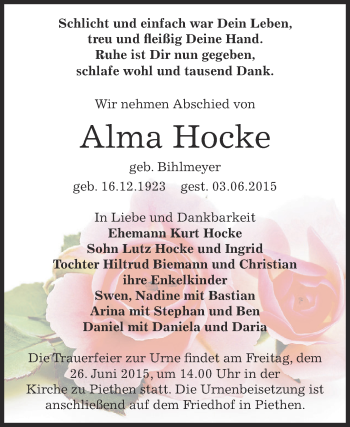 Traueranzeige von Alma Hocke von WVG - Wochenspiegel Dessau / Köthen