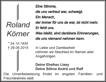 Traueranzeige von Roland Körner von WVG - Wochenspiegel Dessau / Köthen