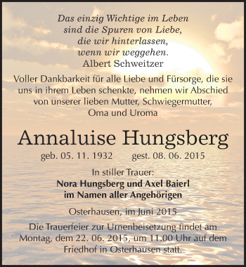 Traueranzeige von Annaluise Hungsberg von Mitteldeutsche Zeitung Mansfelder Land