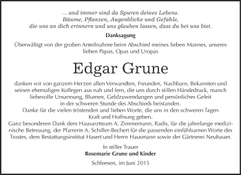 Traueranzeige von Edgar Grune von Super Sonntag Wittenberg