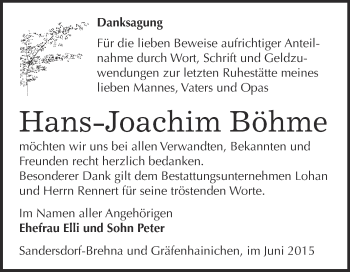 Traueranzeige von Hans-Joachim Böhme von WVG - Wochenspiegel Bitterfeld