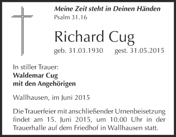 Traueranzeige von Richard Cug von Super Sonntag SGH Mansf. Land