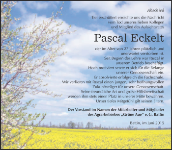 Traueranzeige von Pascal Eckelt von Super Sonntag Wittenberg