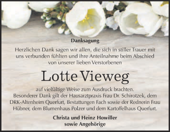 Traueranzeige von Lotte Vieweg von WVG - Wochenspiegel Merseburg