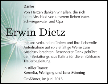 Traueranzeige von Erwin Dietz von Wochenspiegel Mansfelder Land