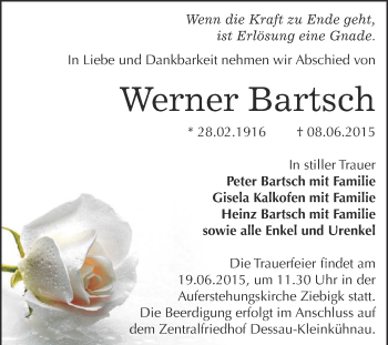 Traueranzeige von Werner Bartsch von WVG - Wochenspiegel Dessau / Köthen