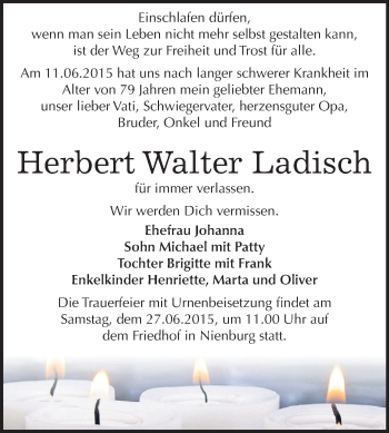 Traueranzeige von Herbert Walter Ladisch von Super Sonntag Bernburg
