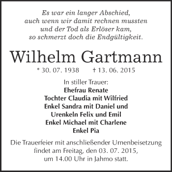 Traueranzeige von Wilhelm Gartmann von Super Sonntag Wittenberg
