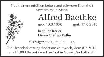 Traueranzeige von Alfred Baethke von Super Sonntag Wittenberg