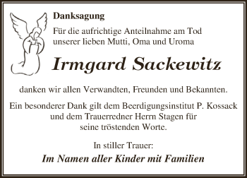 Traueranzeige von Irmgard Sackewitz von WVG - Wochenspiegel Dessau / Köthen