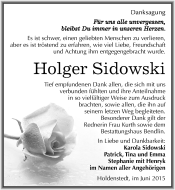 Traueranzeige von Holger Sidowski von Mitteldeutsche Zeitung Sangerhausen