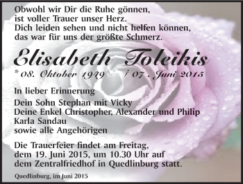 Traueranzeige von Elisabeth Toleikis von Mitteldeutsche Zeitung Quedlinburg