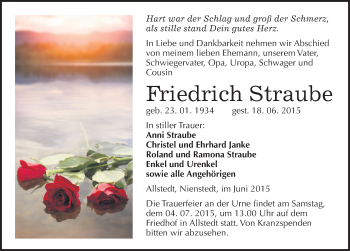 Traueranzeige von Friedrich Straube von Mitteldeutsche Zeitung Sangerhausen