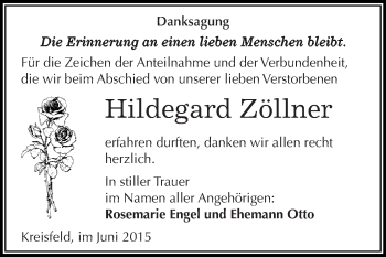 Traueranzeige von Hildegard Zöllner von Wochenspiegel Mansfelder Land