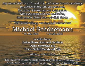 Traueranzeige von Michael Schönemann von WVG - Wochenspiegel Dessau / Köthen