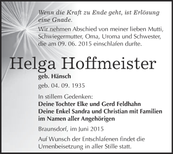 Traueranzeige von Helga Hoffmeister von WVG - Wochenspiegel Wittenberg