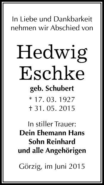 Traueranzeige von Hedwig Eschke von Mitteldeutsche Zeitung Köthen