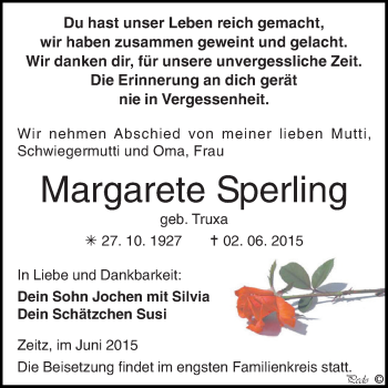 Traueranzeige von Margarete Sperling von Super Sonntag Zeitz