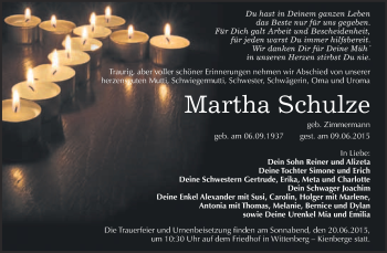 Traueranzeige von Martha Schulze von Super Sonntag Wittenberg