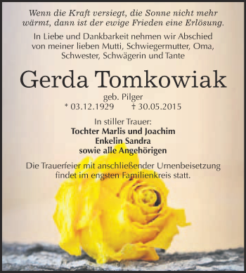 Traueranzeige von Gerda Tomkowiak von WVG - Wochenspiegel Wittenberg