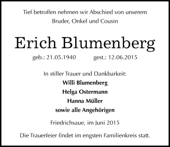 Traueranzeige von Erich Blumenberg von Mitteldeutsche Zeitung Aschersleben