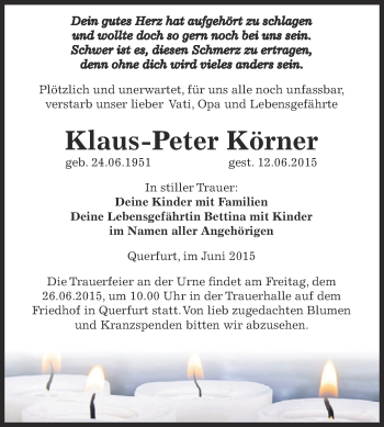 Traueranzeige von Klaus-Peter Körner von Super Sonntag Zeitz