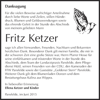 Traueranzeige von Fritz Ketzer von Super Sonntag SGH Mansf. Land