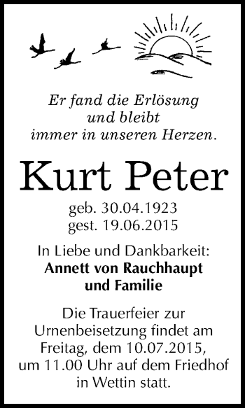 Traueranzeige von Kurt Peter von Mitteldeutsche Zeitung Halle/Saalkreis