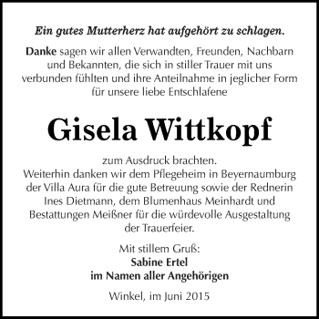 Traueranzeige von Gisela Wittkopf von Super Sonntag SGH Mansf. Land