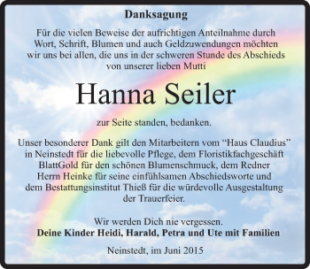 Traueranzeige von Hanna Seiler von Mitteldeutsche Zeitung Quedlinburg