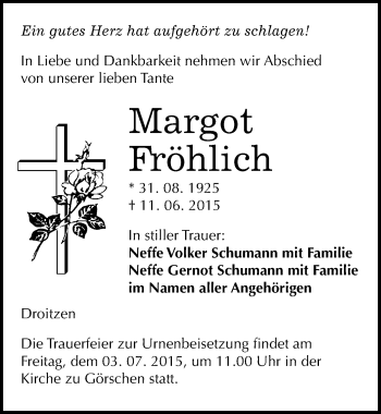 Traueranzeige von Margot Fröhlich von Mitteldeutsche Zeitung Naumburg/Nebra