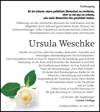 Traueranzeige von Ursula Weschke von WVG - Wochenspiegel Dessau / Köthen