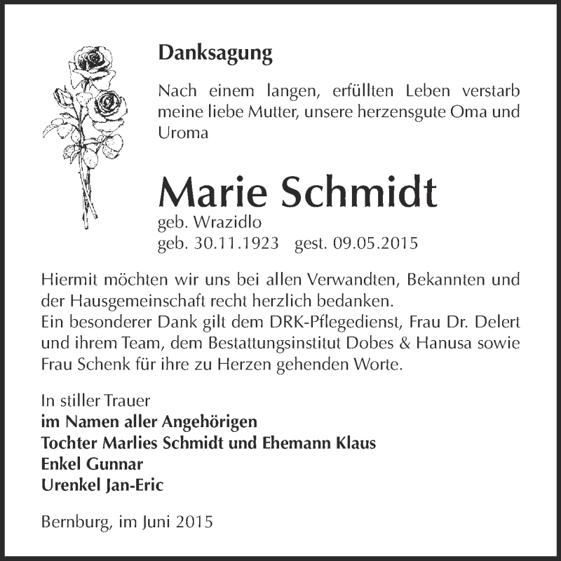 Traueranzeigen von Marie Schmidt | www.abschied-nehmen.de