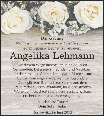 Traueranzeige von Angelika Lehmann von Super Sonntag Zeitz