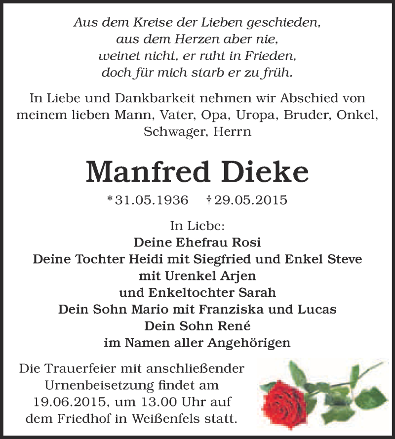  Traueranzeige für Manfred Dieke vom 10.06.2015 aus WVG - Wochenspiegel NMB / WSF / ZTZ