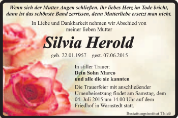 Traueranzeige von Silvia Herold von Super Sonntag Quedlinburg