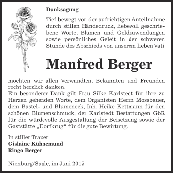 Traueranzeige von Manfred Berger von Super Sonntag Bernburg