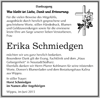 Traueranzeige von Erika Schmiedgen von Mitteldeutsche Zeitung Mansfelder Land