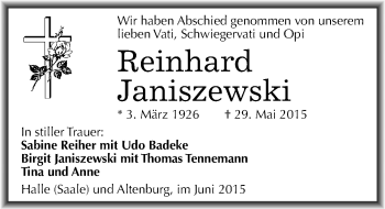 Traueranzeige von Reinhard Janiszewski von Mitteldeutsche Zeitung Halle/Saalkreis