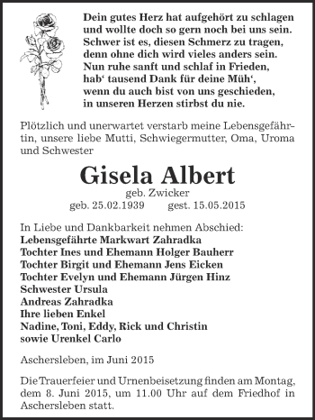 Traueranzeige von Gisela Albert von Super Sonntag Aschersleben