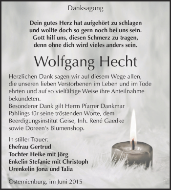 Traueranzeige von Wolfgang Hecht von WVG - Wochenspiegel Dessau / Köthen