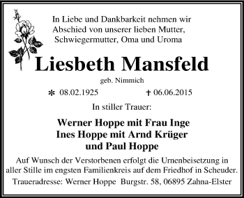 Traueranzeige von Liesbeth Mansfeld von Mitteldeutsche Zeitung Köthen