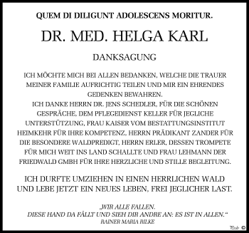 Traueranzeige von Helga Karl von Mitteldeutsche Zeitung Weißenfels