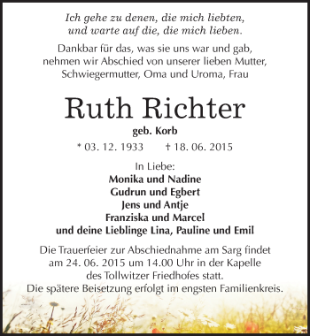 Traueranzeige von Ruth Richter von Mitteldeutsche Zeitung Merseburg/Querfurt